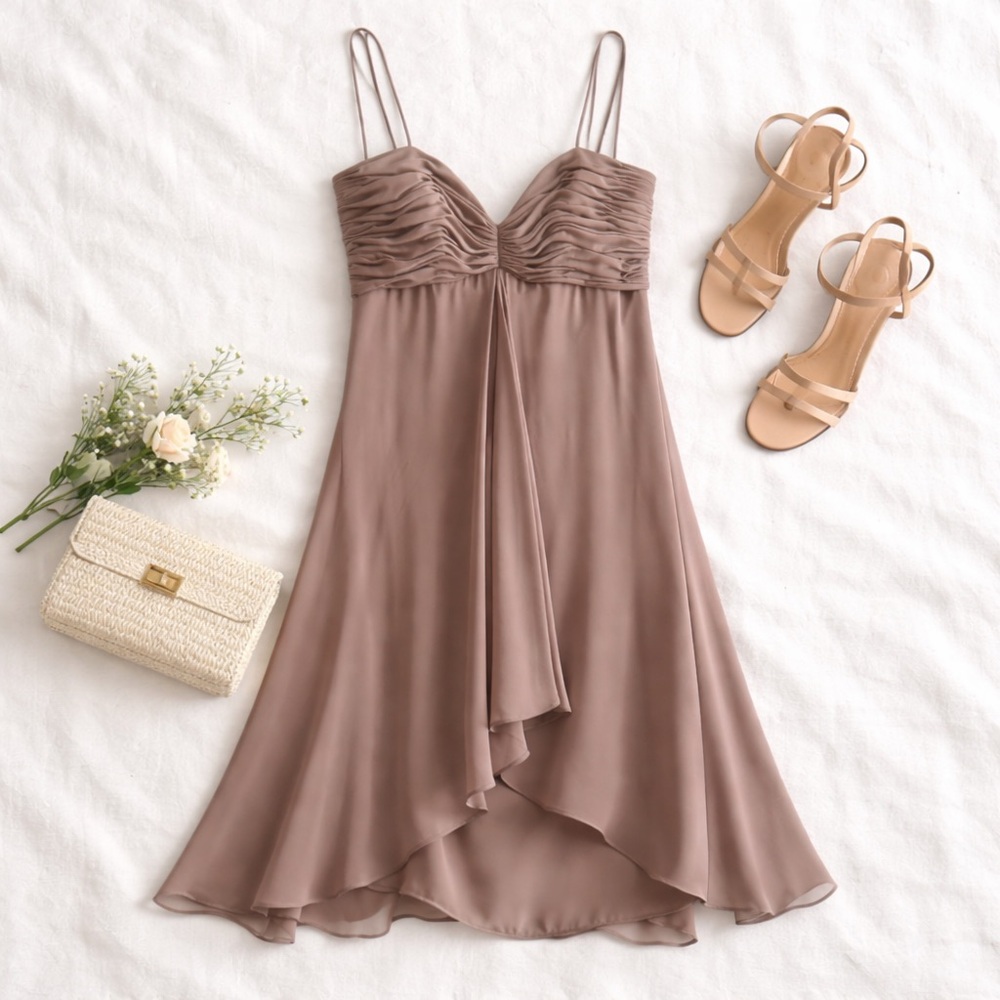 Badgley Mischka Bridesmaid Dress Size 6 | Chiffon Ruched Sweetheart Formal Midi